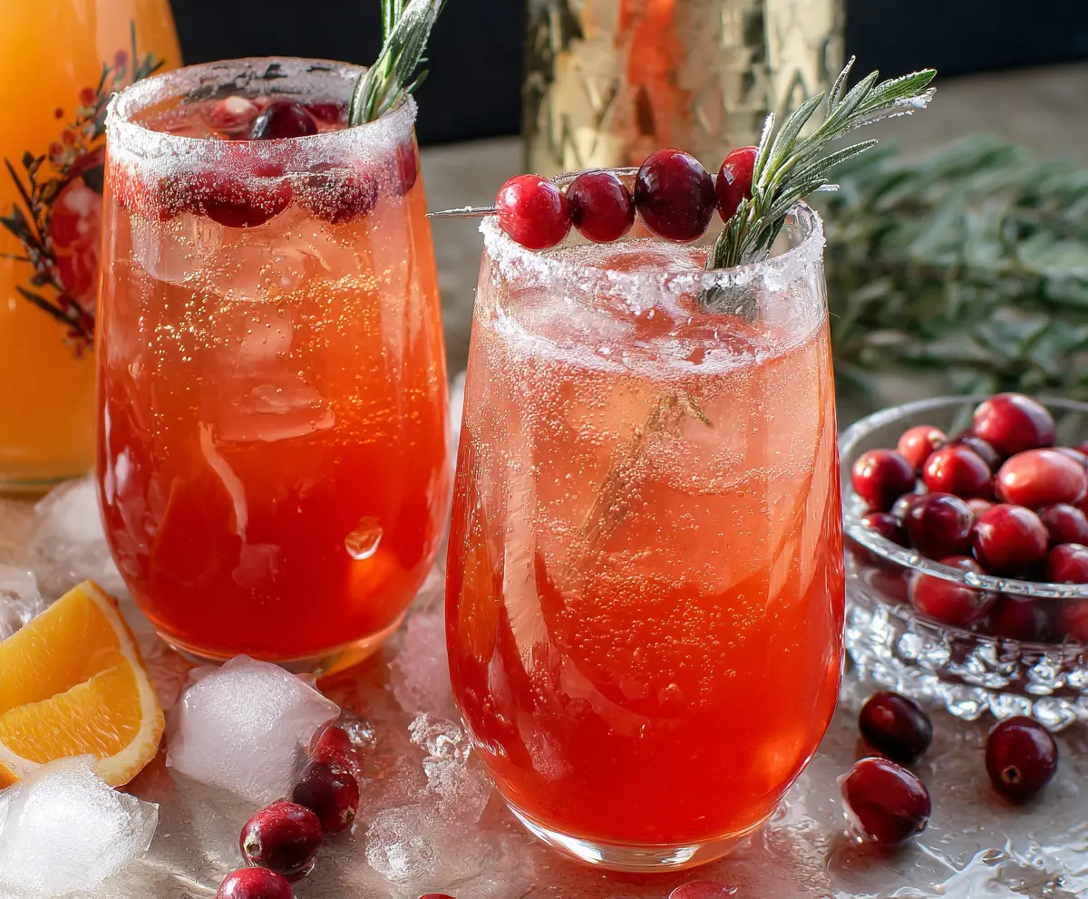 Bright cranberry prosecco cocktail garnished with fresh cranberries and mint in a elegant glass.