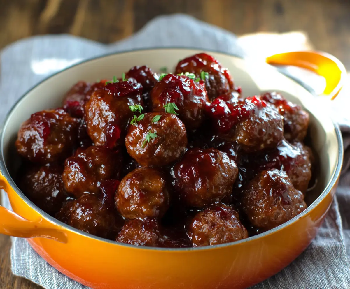 Delicious cranberry sauce glazed meatballs served on a platter for festive occasions.