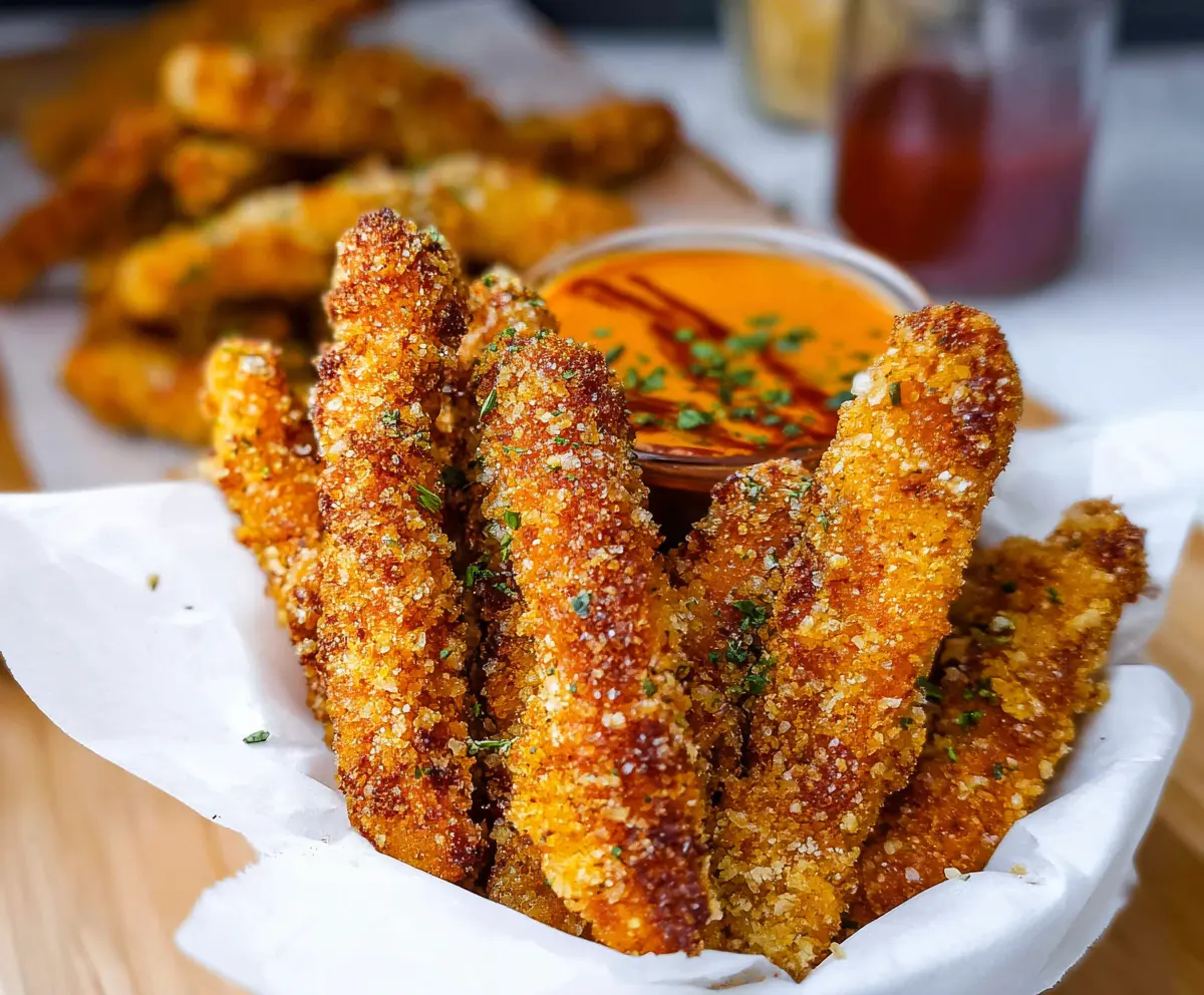 Golden crispy chicken fries served with dipping sauce, perfect for snack time or parties.