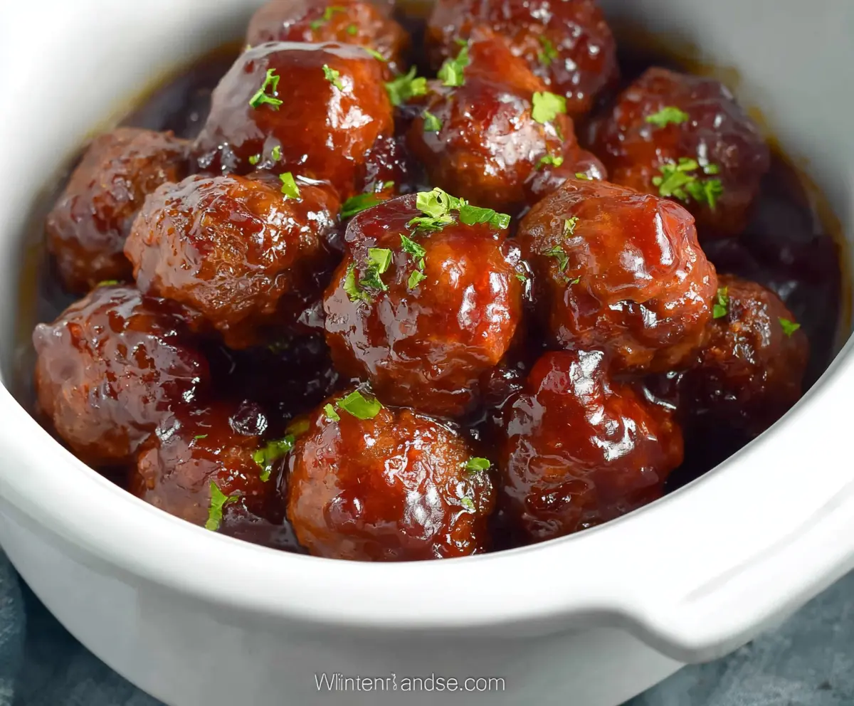 Delicious Crockpot Grape Jelly Meatballs served in a bowl with fresh herbs