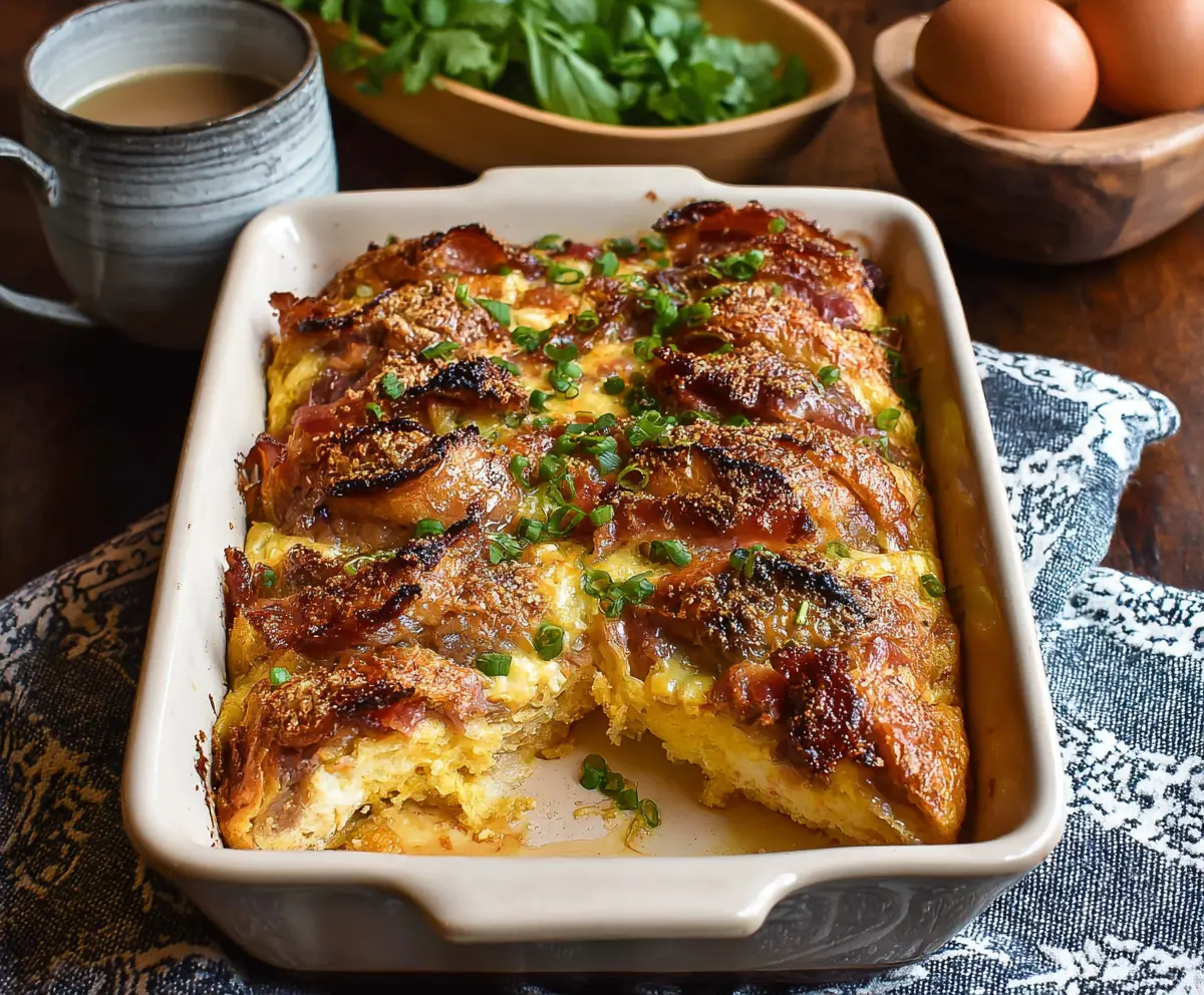 Delicious Croissant Breakfast Casserole with eggs and cheese, perfect for brunch.