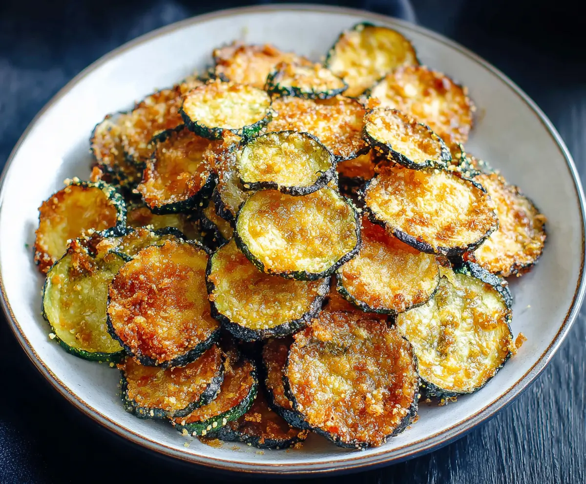Crunchy zucchini chips on a plate, garnished with herbs, healthy snack option.