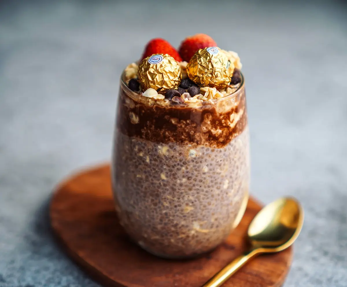 Creamy Ferrero Rocher Overnight Oats topped with crushed hazelnuts and chocolate shavings
