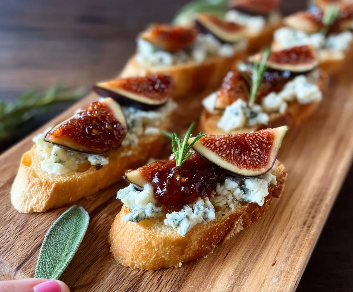 Delicious Fig and Blue Cheese Crostini with fresh figs and creamy blue cheese on toasted baguette slices.