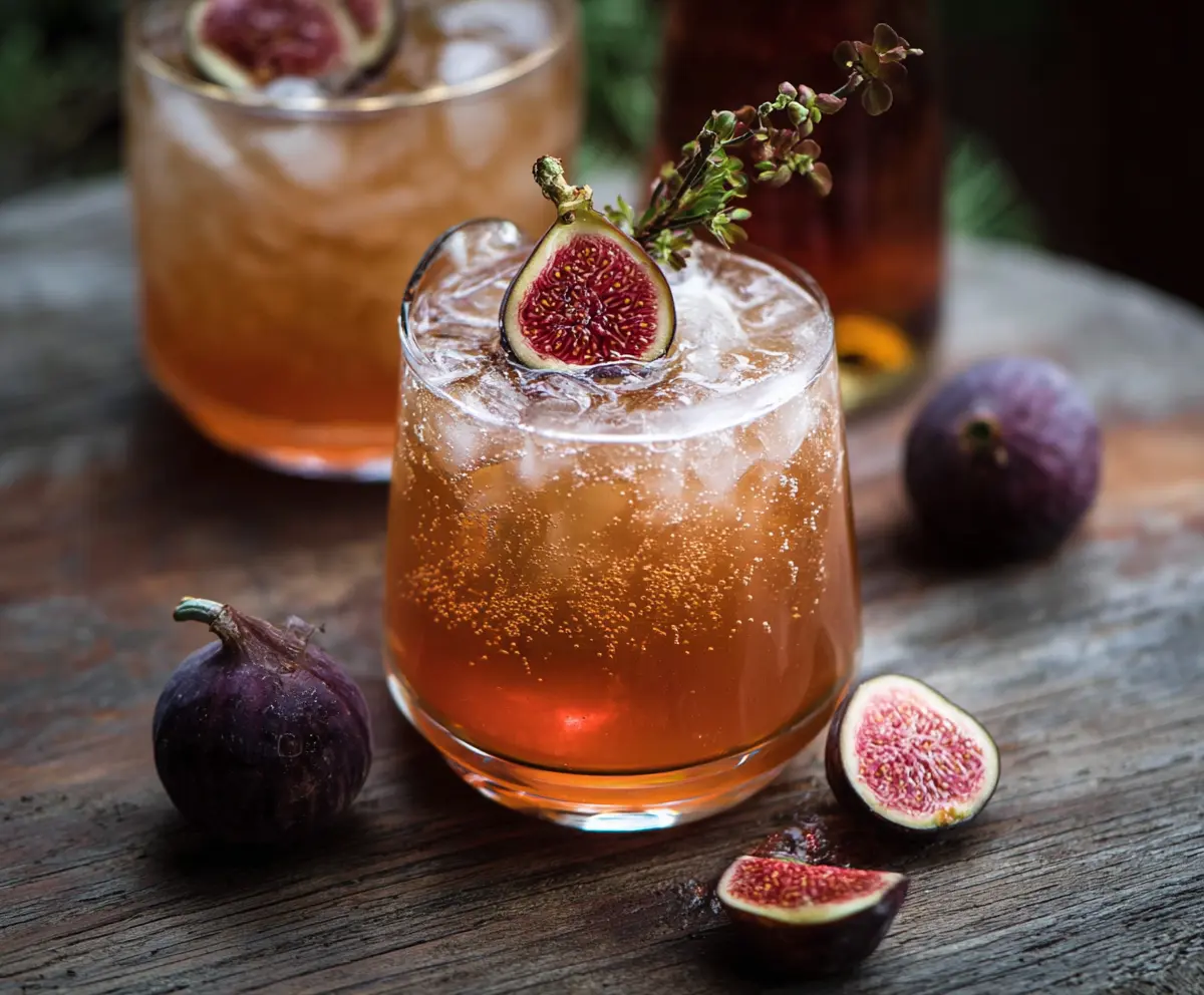 Refreshing Fig Bourbon Smash cocktail garnished with fresh figs and mint leaves.