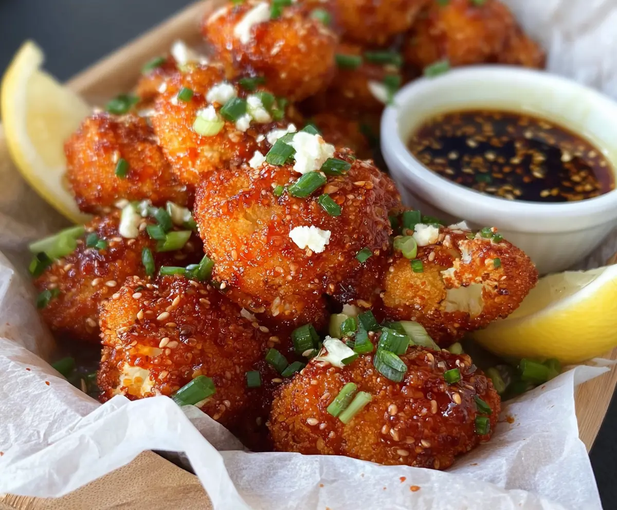 Spicy firecracker cauliflower bites garnished with green onions on a white plate.