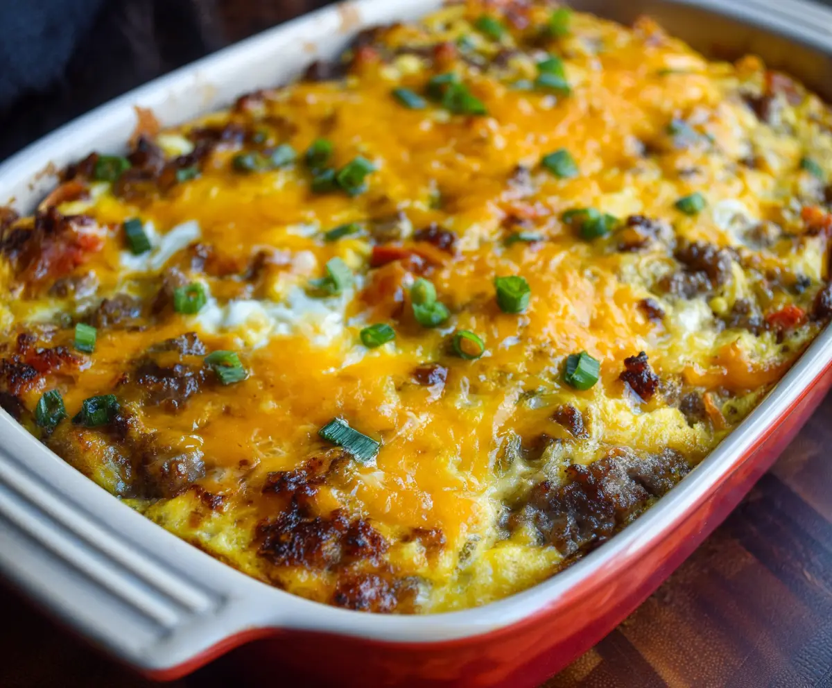 Delicious Firemans Breakfast Casserole with eggs, sausage, and cheese in a baking dish.