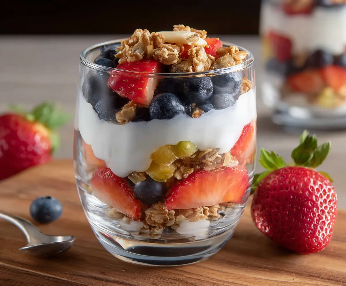Delicious fruit and yogurt parfait layered with fresh berries and creamy yogurt in a glass cup.