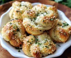 Golden garlic parmesan knots served on a white plate, perfect as a savory appetizer or snack.