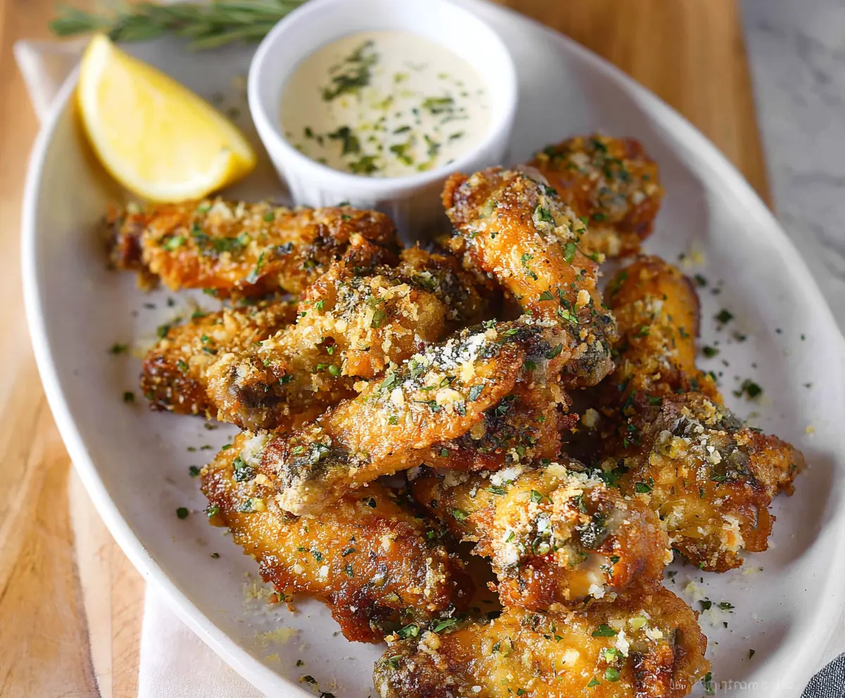 Delicious Garlic Parmesan Wings with crispy skin and flavorful herb-infused coating suitable for appetizer or main course.