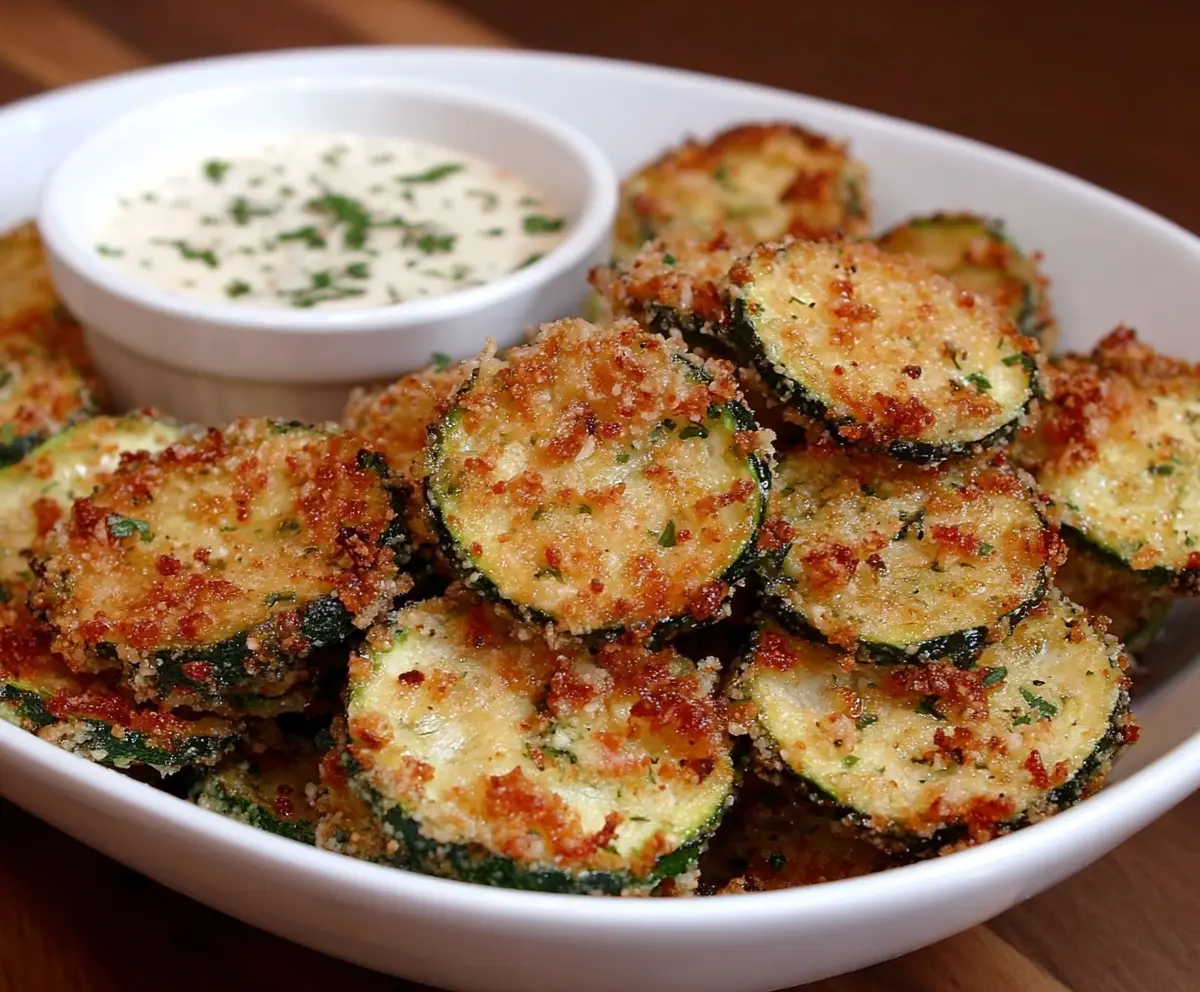Crispy garlic Parmesan zucchini chips on a white plate, garnished with herbs, perfect for a healthy snack.