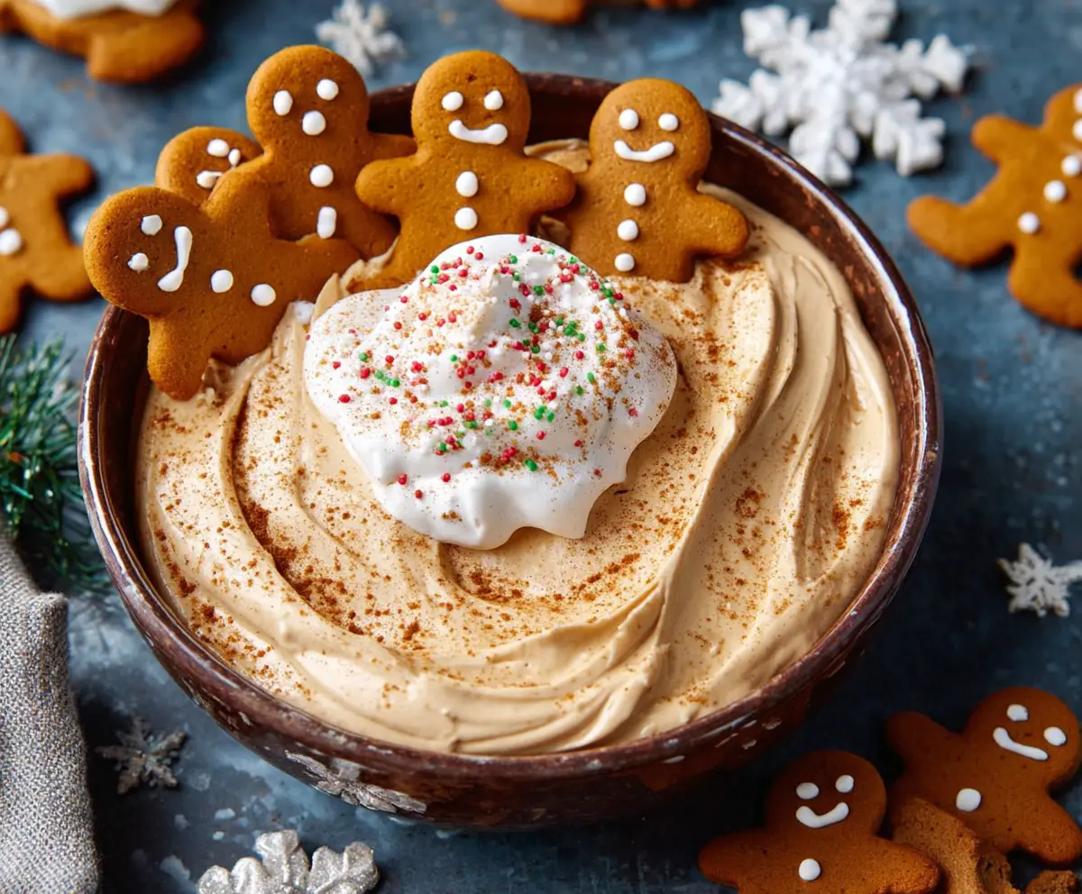 Creamy gingerbread cheesecake dip served with cookies for a festive holiday treat.