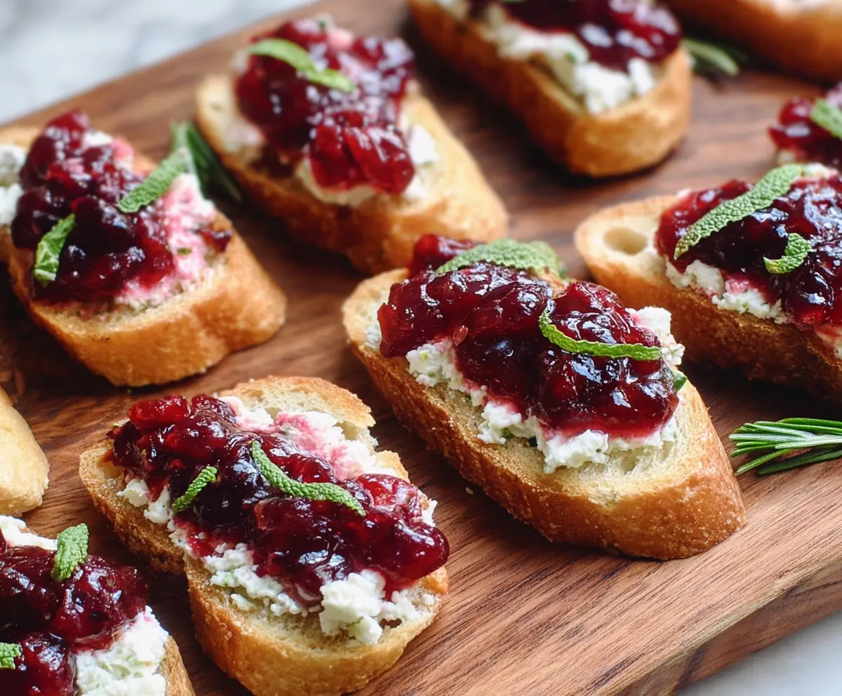 Delicious goat cheese cranberry crostini served on a wooden platter, garnished with fresh herbs.