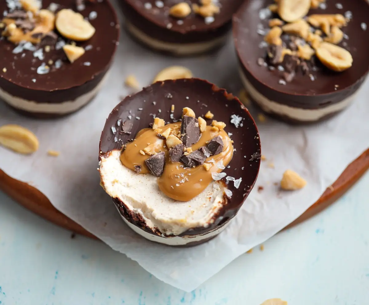Healthy Greek yogurt peanut butter protein cups with layers of creamy yogurt and rich peanut butter topping.