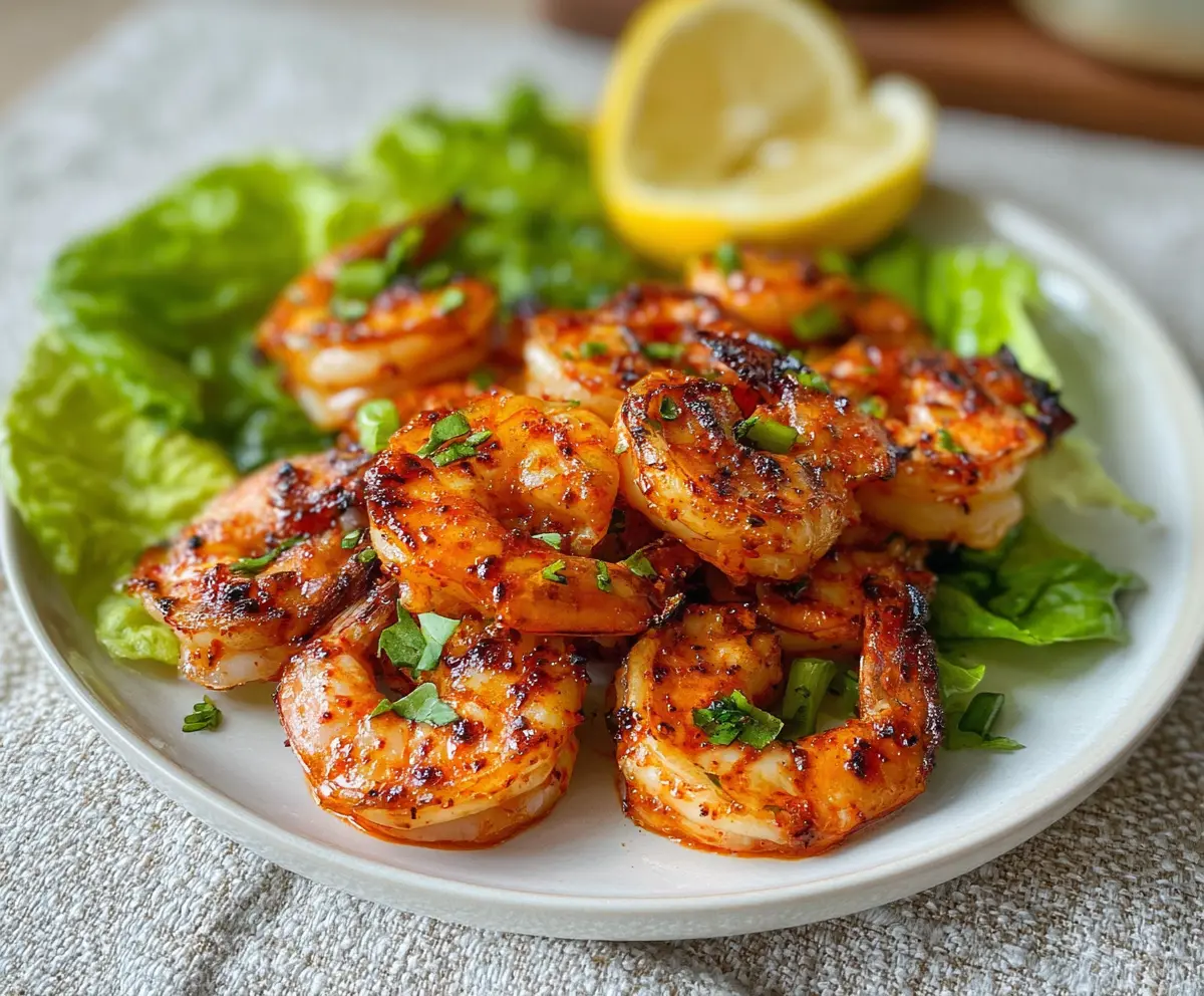 Delicious grilled spicy shrimp served on a plate with fresh lemon wedges and herbs.