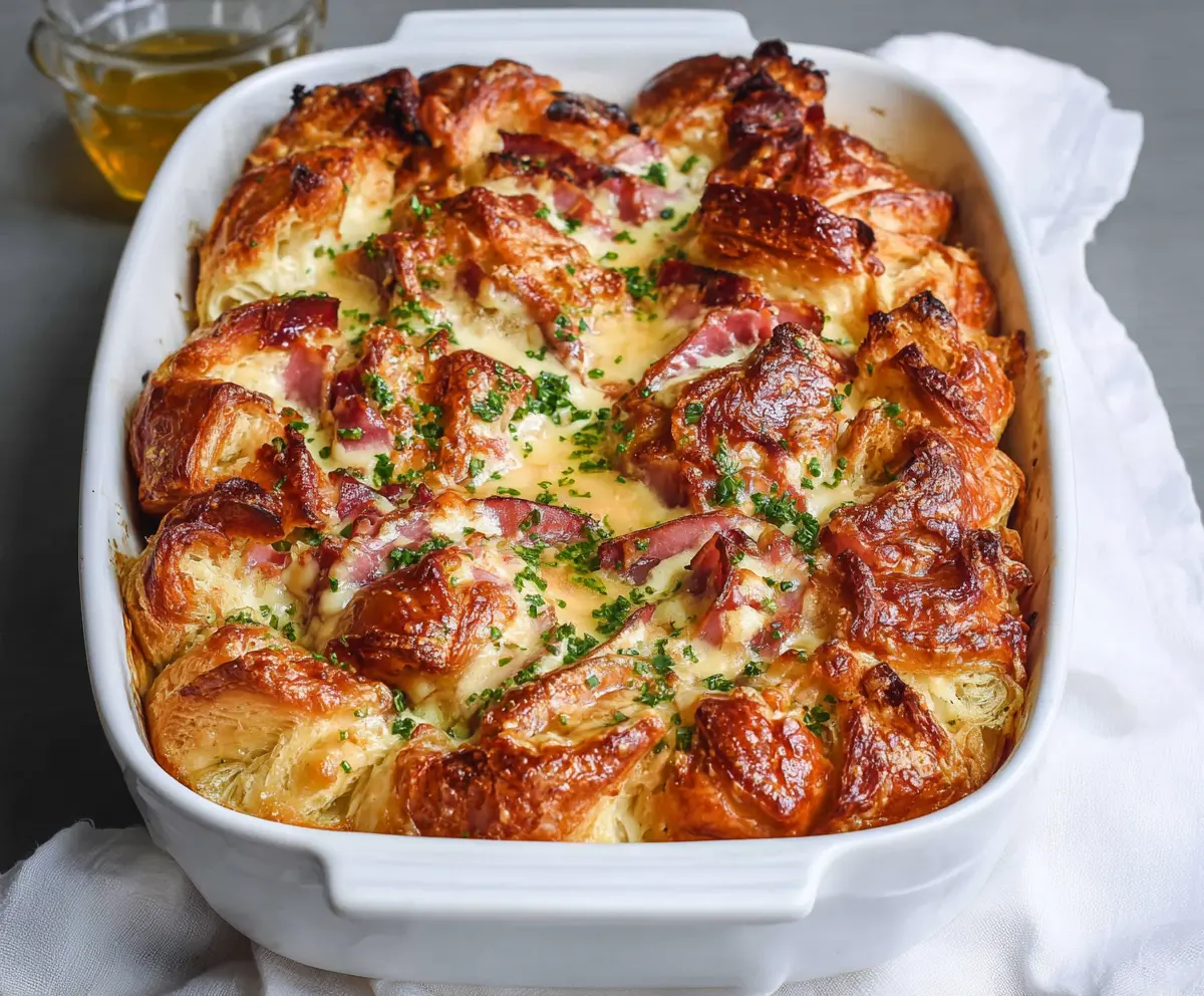 Delicious Ham and Cheese Croissant Casserole baked with melted cheese and savory ham slices.