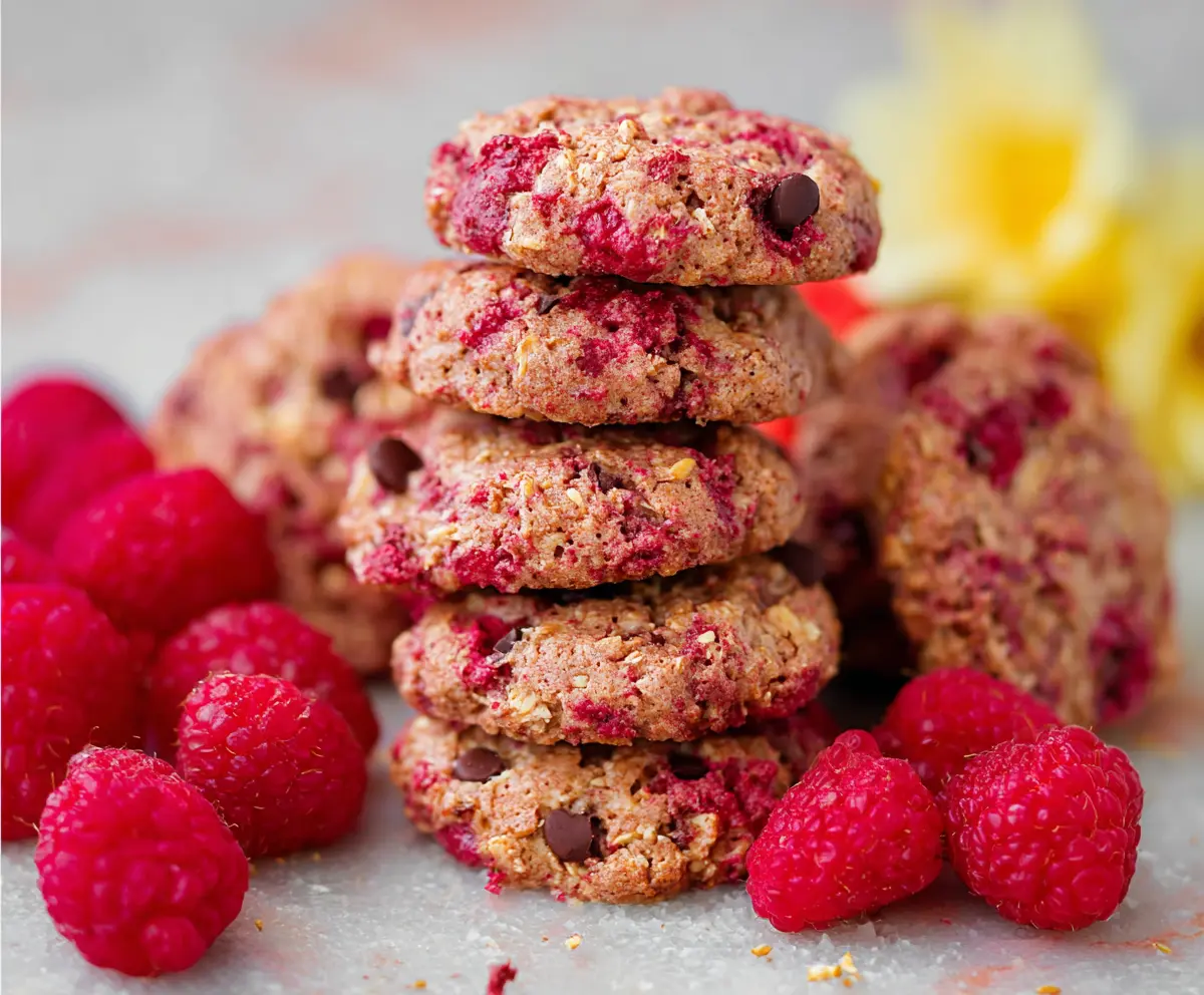 Delicious and healthy raspberry cookies with fresh raspberries and oats.