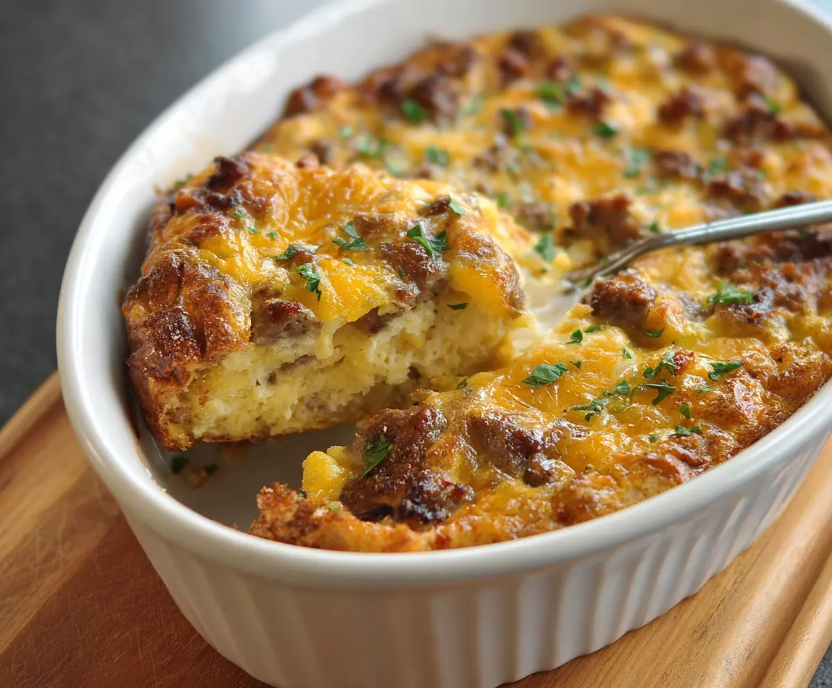 Ina Garten Breakfast Casserole with eggs, cheese, and fresh herbs in a baking dish