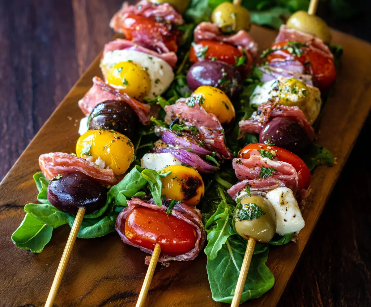 Colorful Italian Antipasto Skewers with tomatoes, mozzarella, and olives on a wooden platter.
