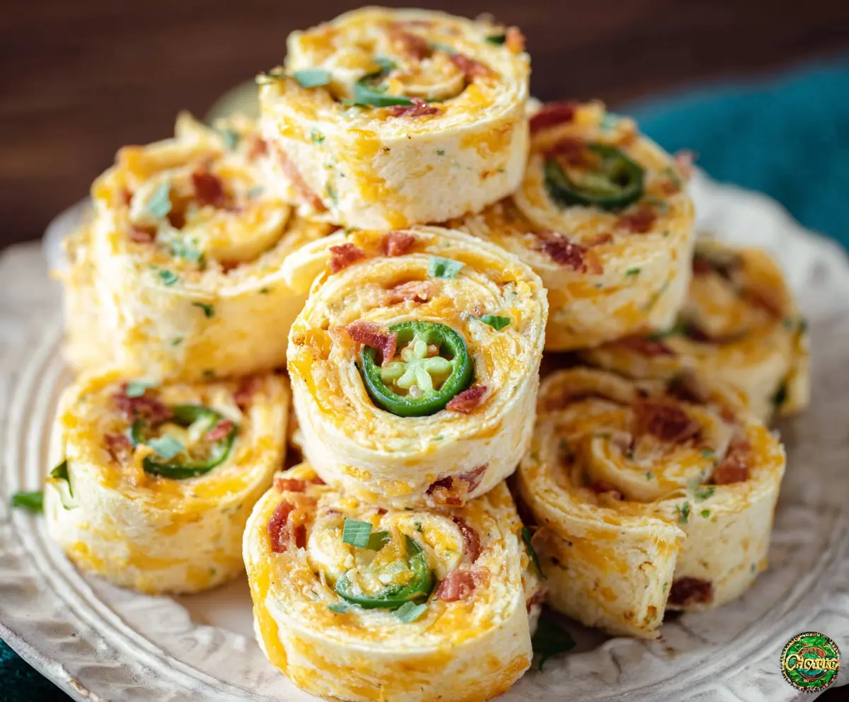 Delicious jalapeno popper pinwheels with cream cheese and crispy bacon served on a white plate.