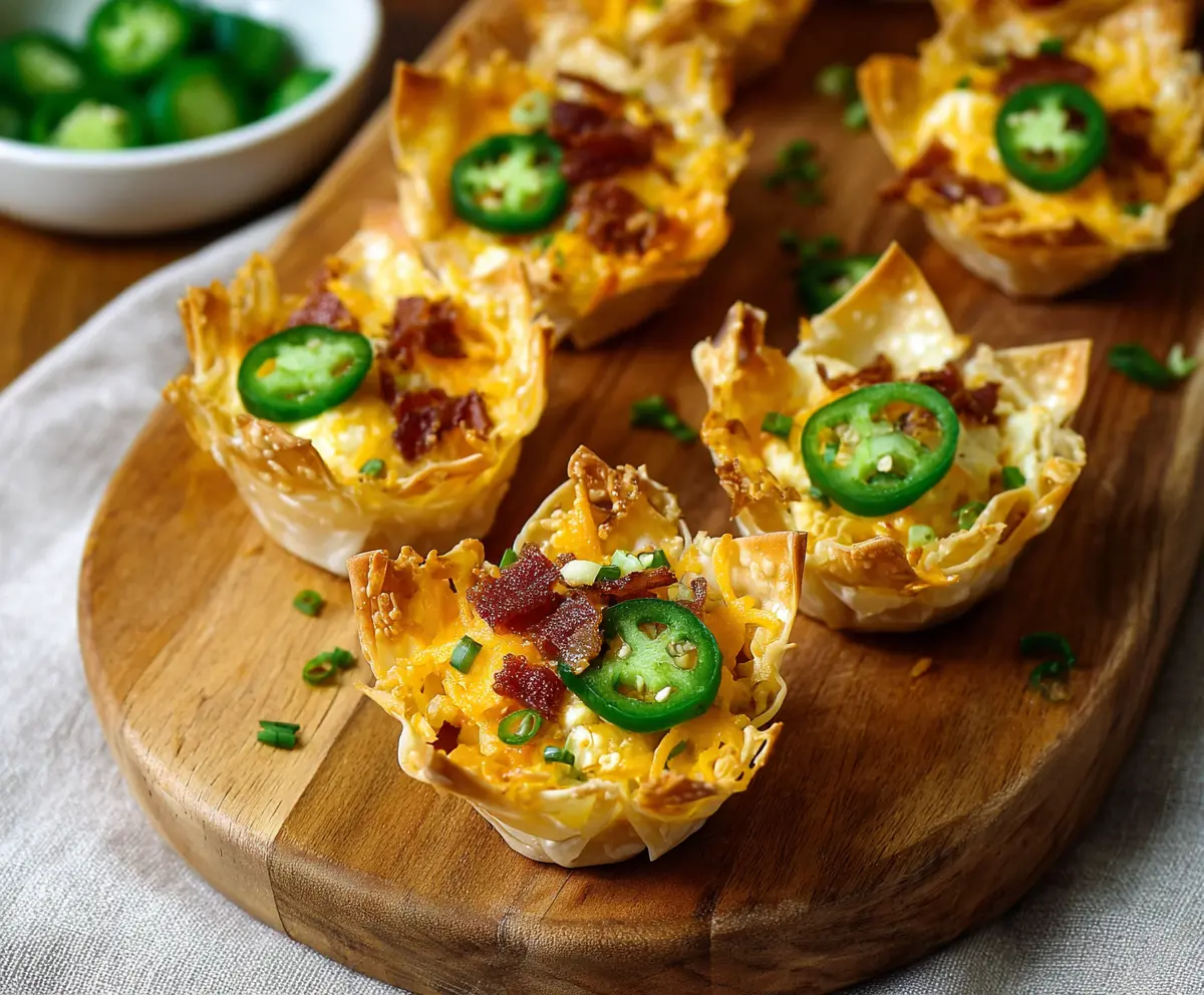 Delicious Jalapeno Popper Wonton Cups filled with cream cheese, jalapenos, and crispy wonton shells ready to serve as a spicy appetizer.