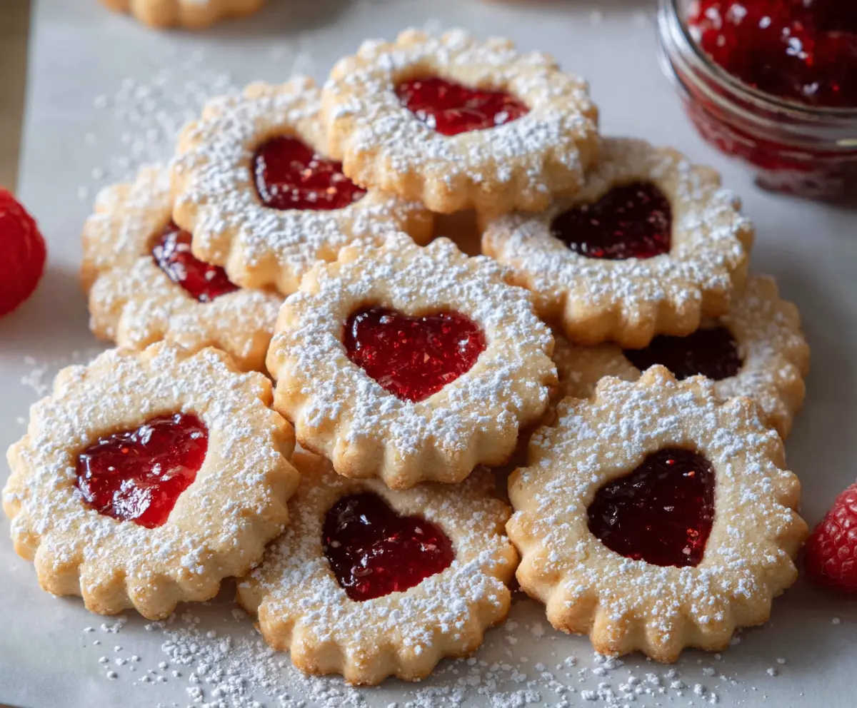 Delicious Linzer Raspberry Cookies with berry filling and powdered sugar dusting.