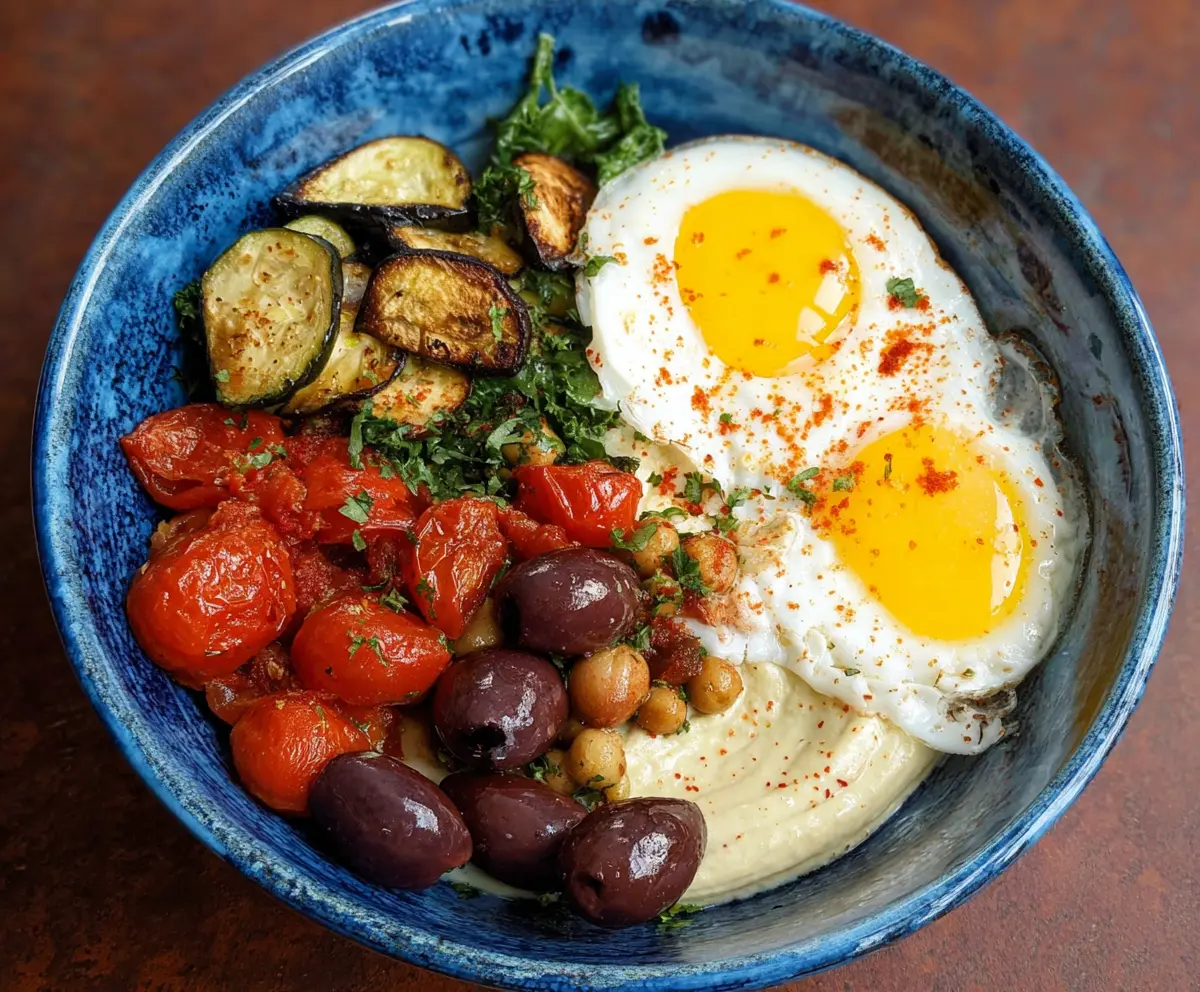 Colorful Mediterranean Breakfast Bowl with fresh vegetables, hummus, and herbs on a rustic plate.