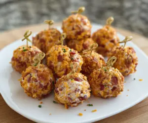Delicious Mini Bacon Ranch Cheeseballs on a plate, perfect for appetizers and parties