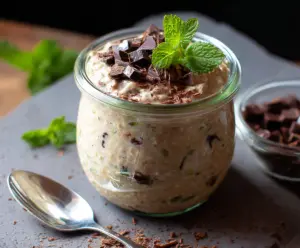 Creamy mint chocolate chip overnight oats in a glass jar topped with fresh mint leaves and chocolate chips.