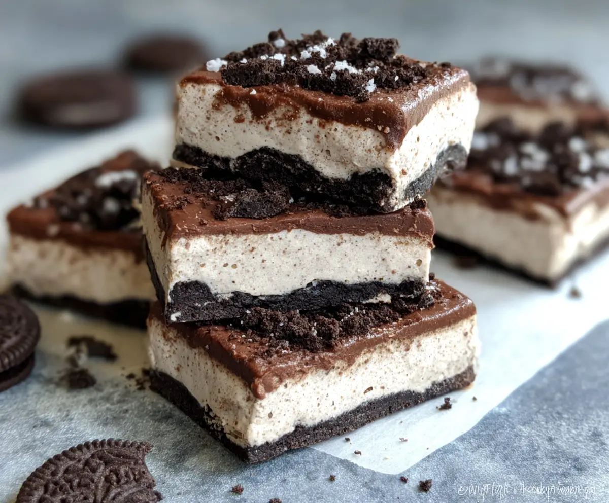 Healthy no bake Oreo protein bars on a plate with chocolate and cream filling