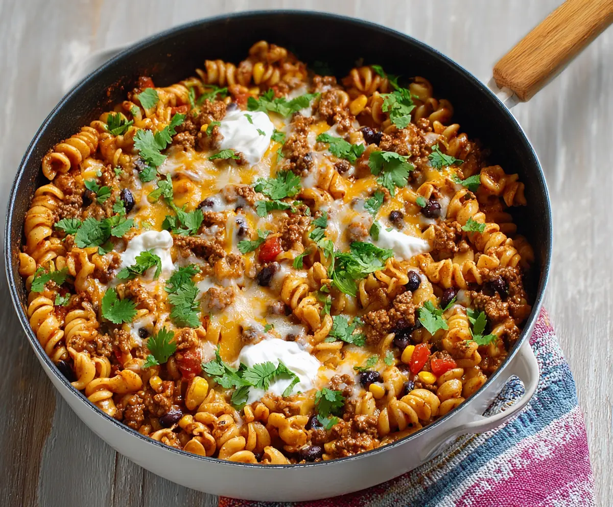 Delicious one pot taco pasta with seasoned beef, pasta, and fresh toppings in a skillet.