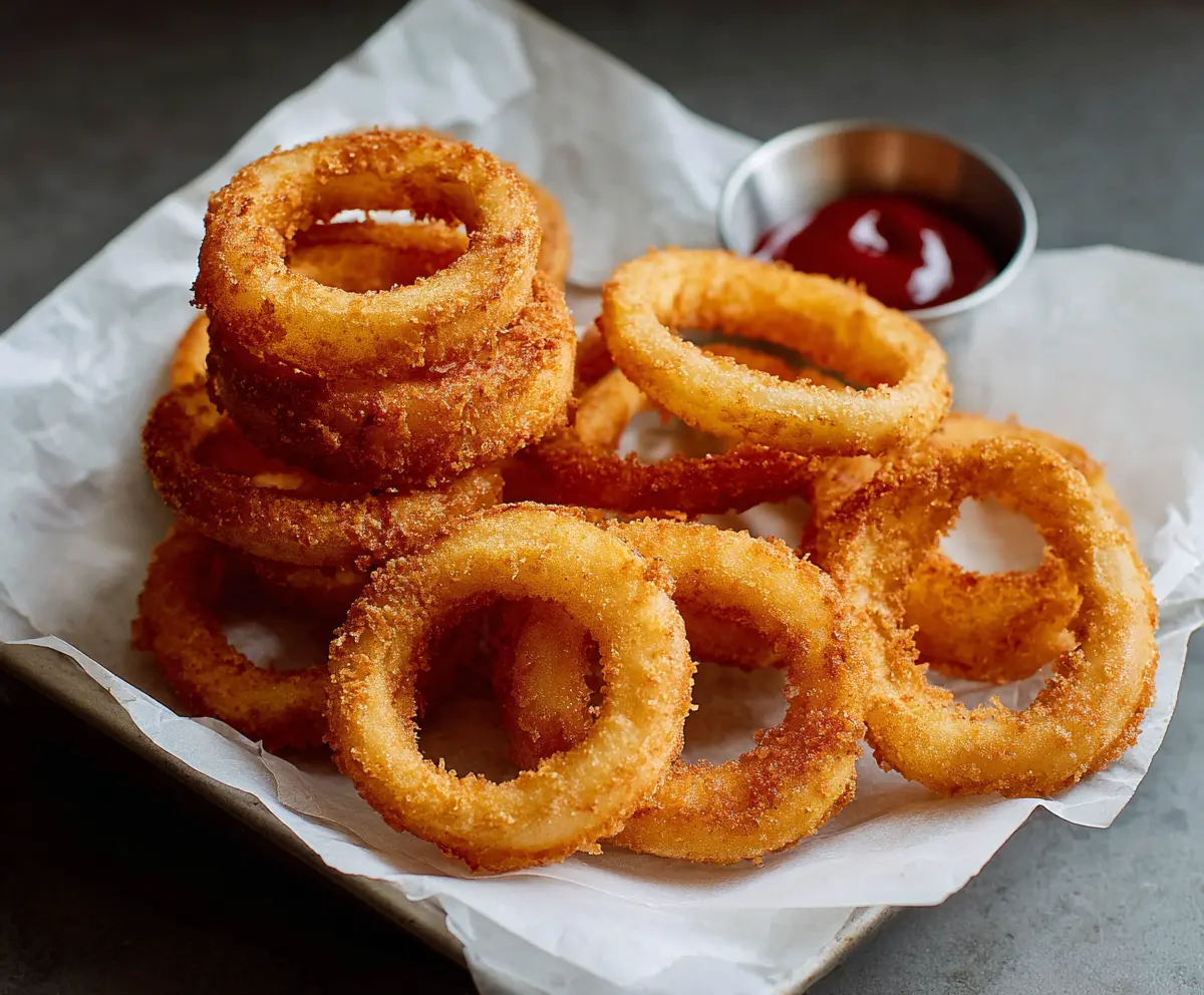 Crispy golden onion rings served with dipping sauce on a white plate