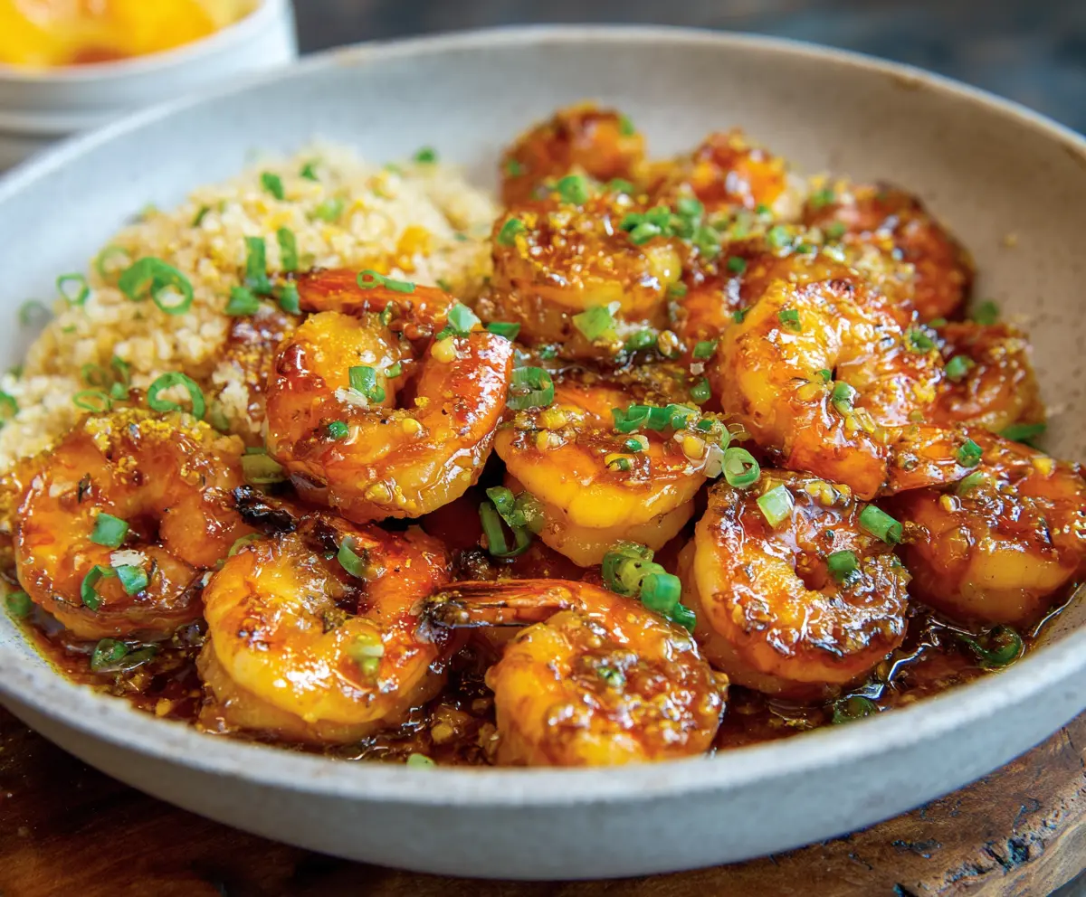 Delicious orange honey garlic shrimp served on a plate, garnished with fresh herbs