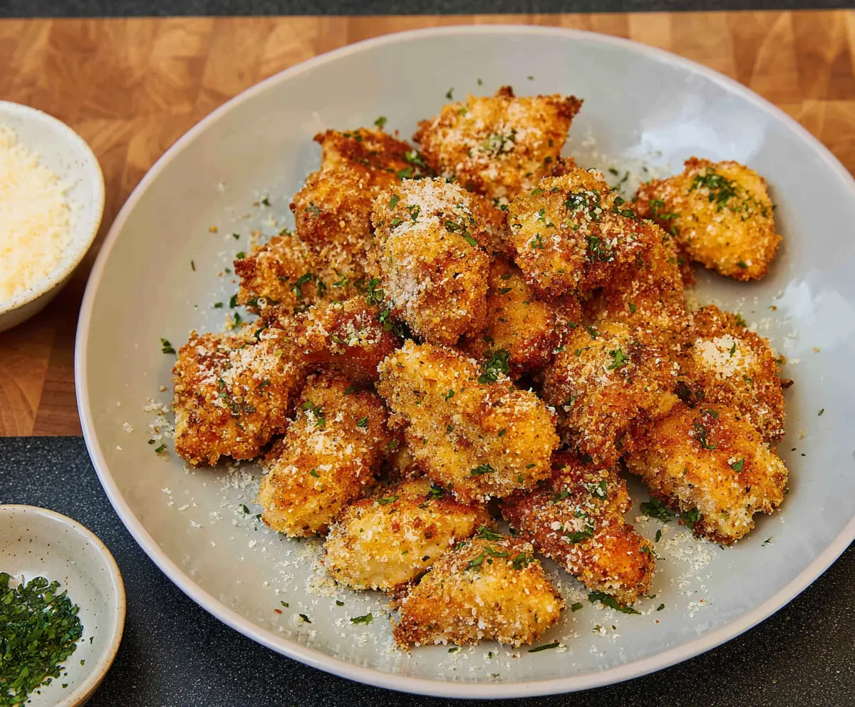 Delicious Parmesan Herb Chicken Bites served on a plate, perfect for a savory appetizer.