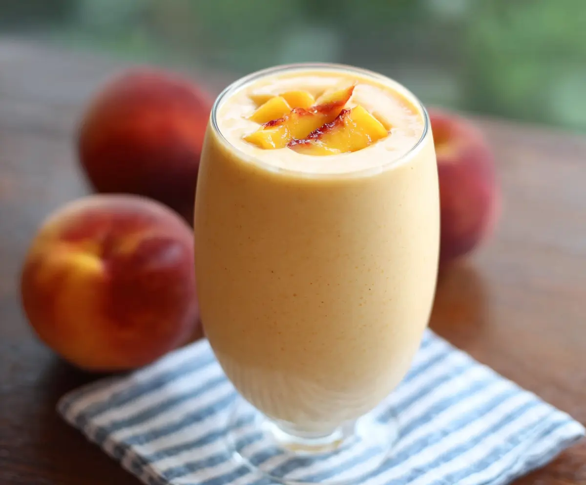 Refreshing peach protein smoothie in a glass with fresh peach slices and a straw.