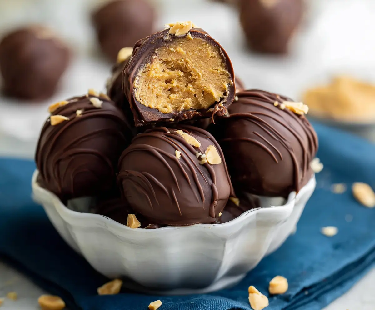 Delicious homemade peanut butter balls coated in chocolate, perfect for snacking and dessert.
