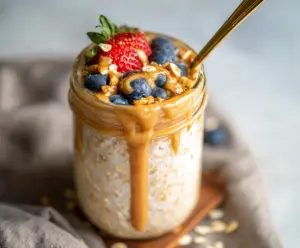 Delicious Peanut Butter Overnight Oats in a jar, garnished with sliced bananas and chia seeds for a healthy breakfast.