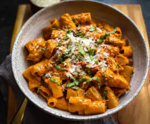 Delicious pasta topped with creamy pesto vodka sauce and fresh herbs