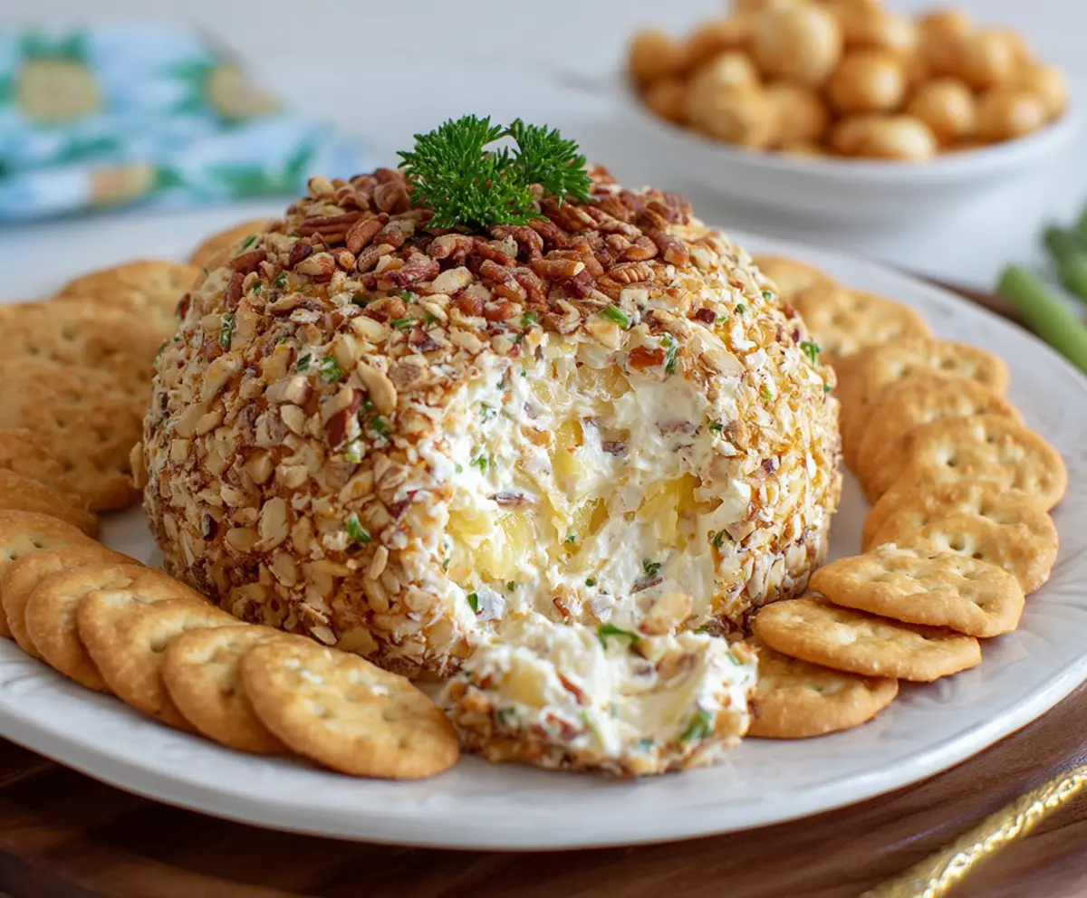 Delicious pineapple cheese ball appetizer garnished with chopped nuts and fresh herbs