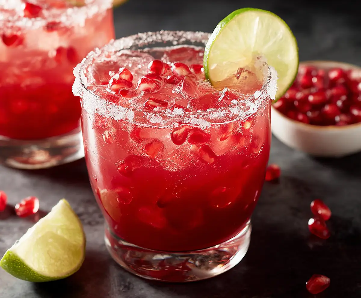 Refreshing Pomegranate Margarita cocktail garnished with lime and pomegranate seeds on a summer table.