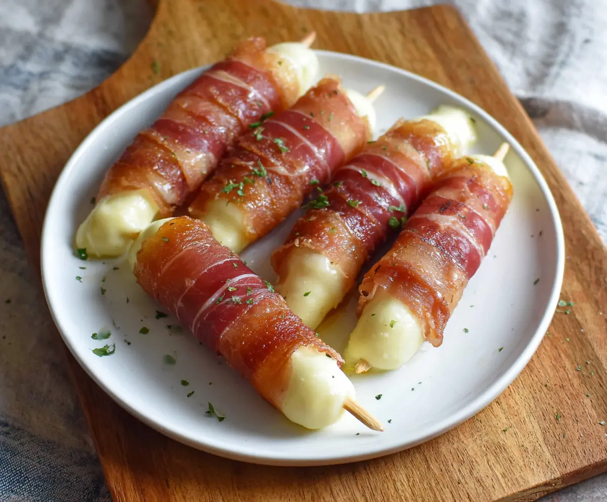 Crispy prosciutto-wrapped mozzarella sticks served with marinara sauce for appetizer.