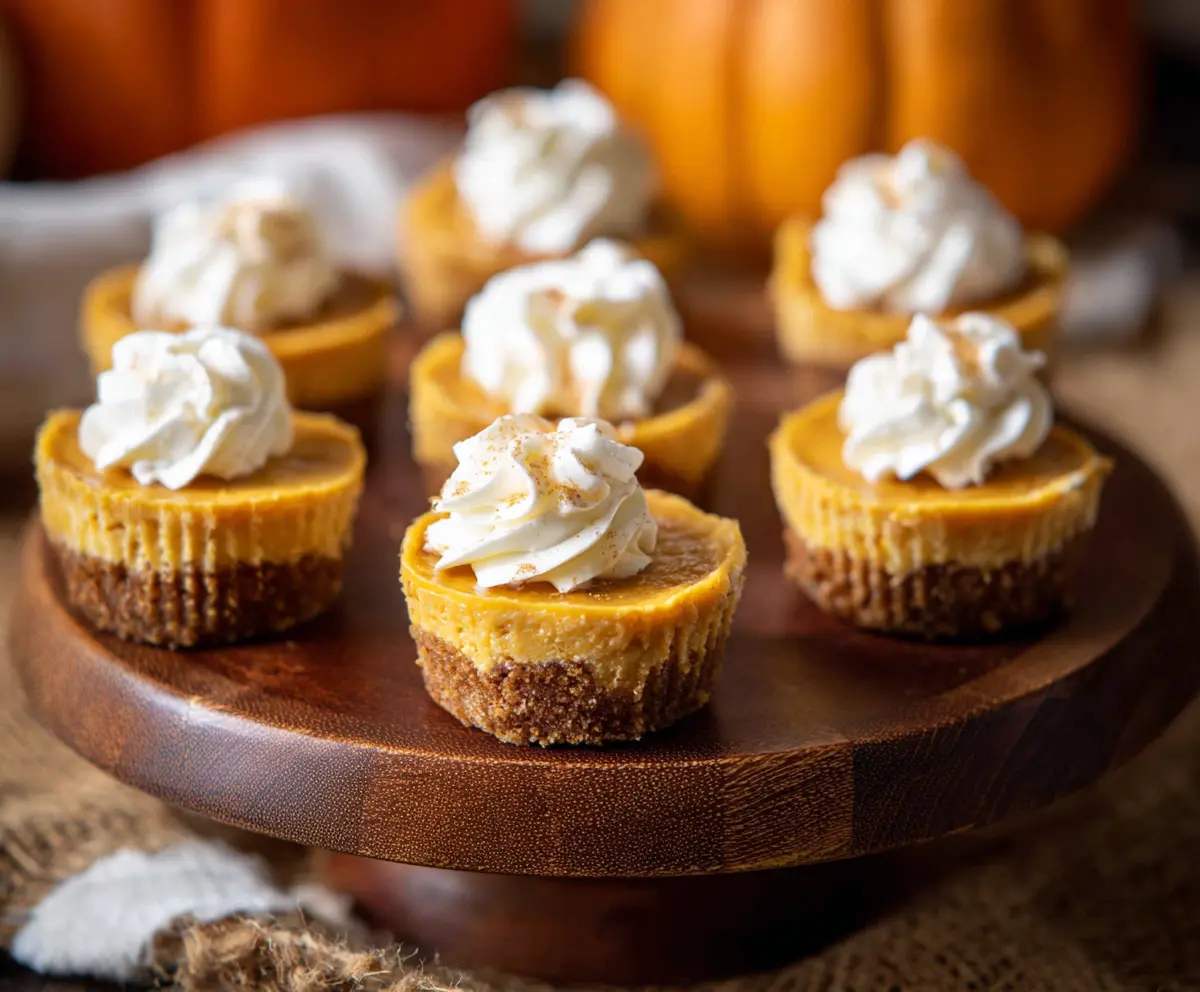 Delicious pumpkin cheesecake bites with creamy filling and graham cracker crust, perfect for fall desserts.