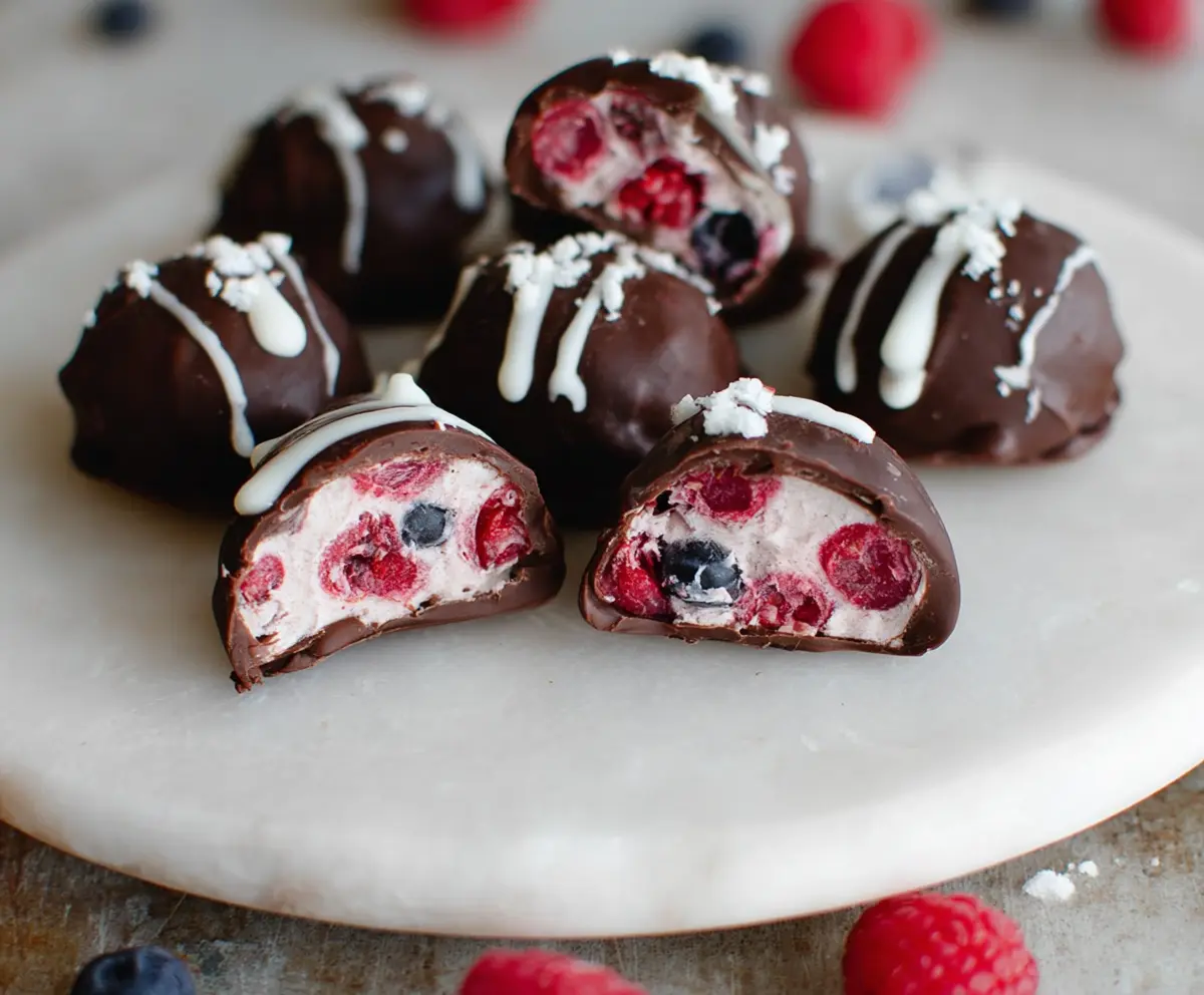 Delicious Raspberry Dark Chocolate Yogurt Bites with fresh raspberries and rich dark chocolate topping.