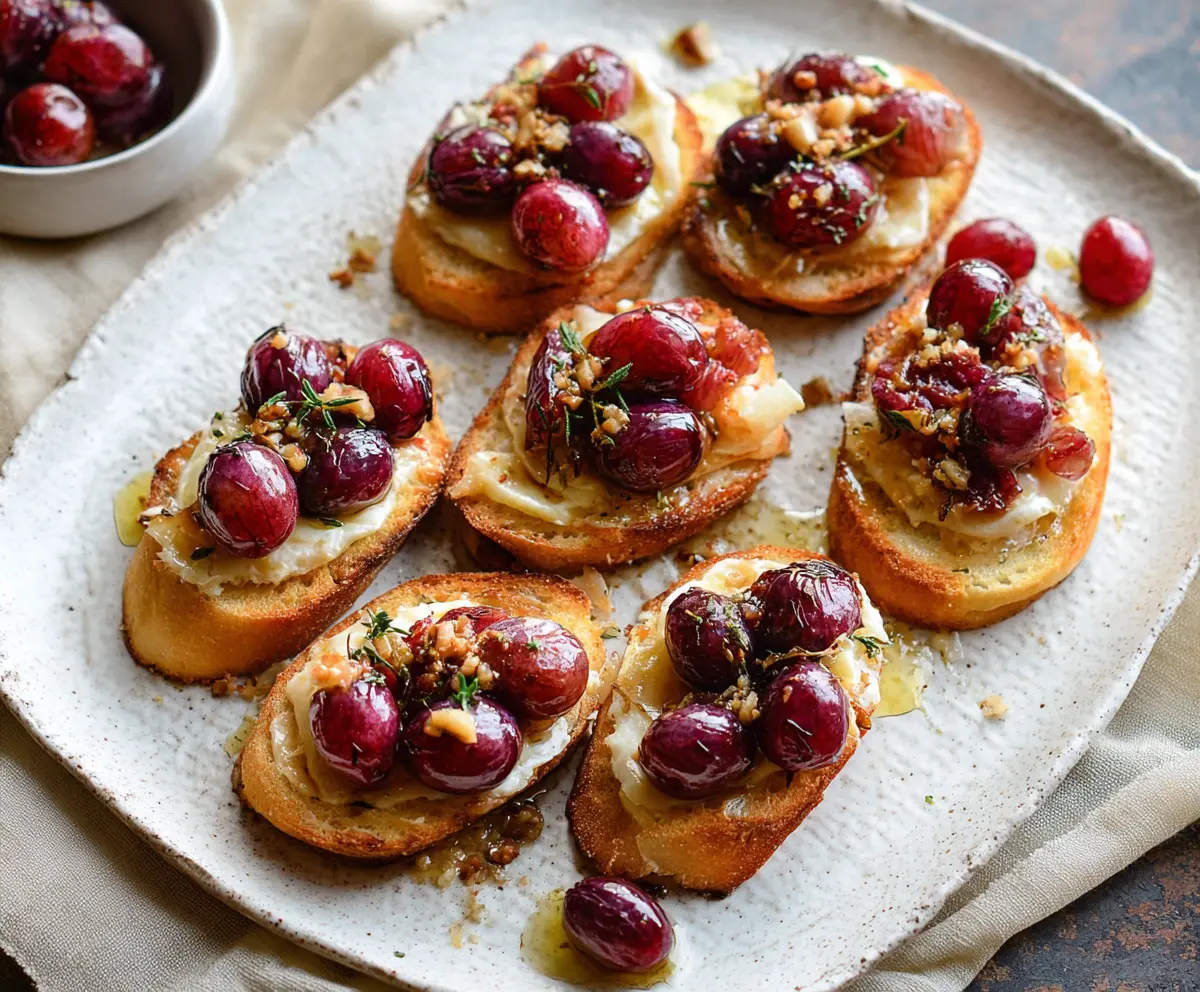 Delicious roasted grape and Brie crostini on a rustic serving board, perfect for holiday appetizers.