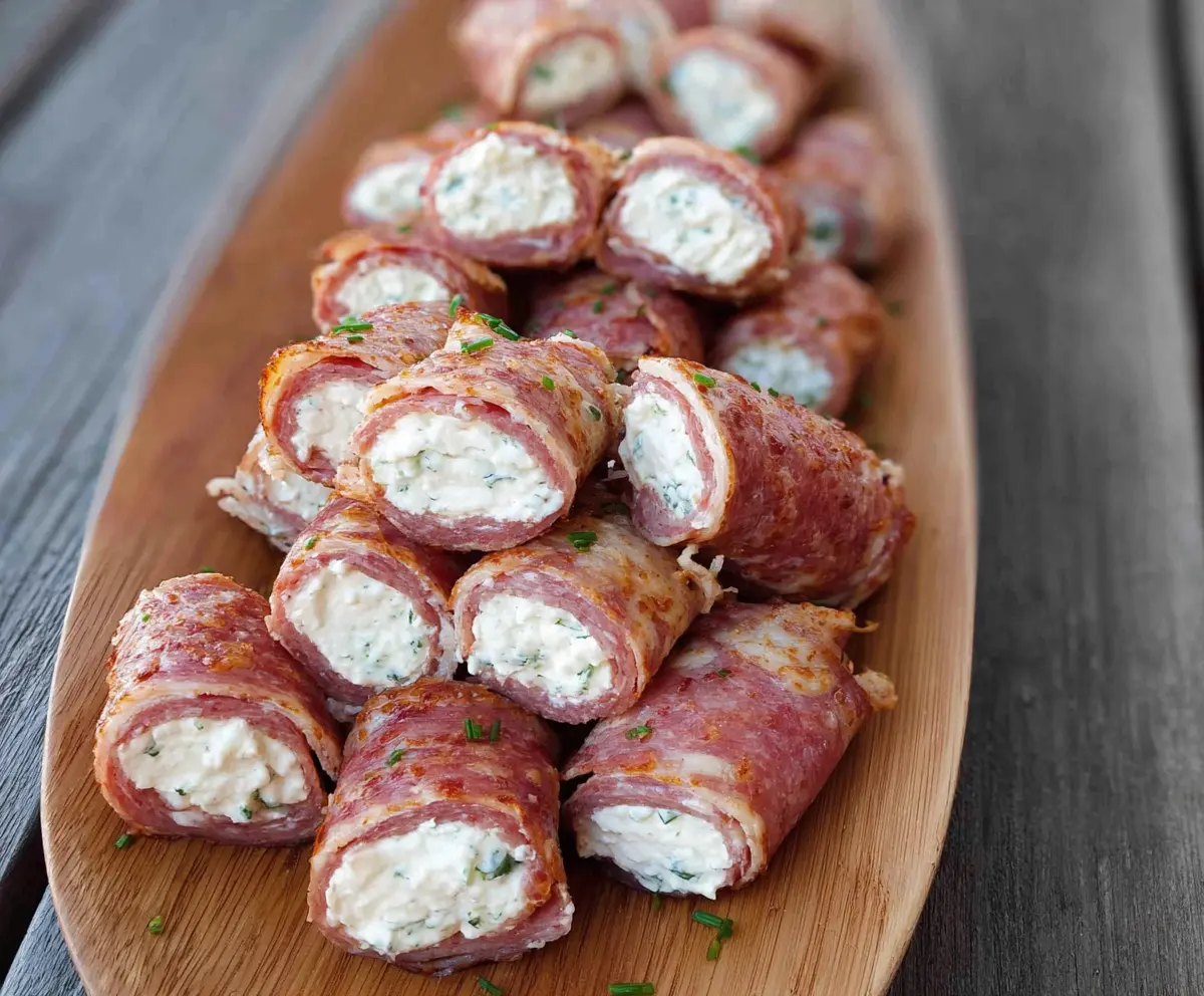 Delicious salami and cream cheese roll-ups garnished with fresh herbs on a plate.