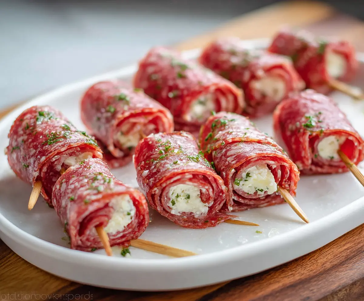 Delicious Salami Roll Ups filled with cheese and herbs, perfect for snacks or appetizers.