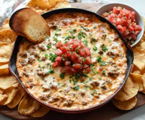 Delicious sausage cream cheese dip served with fresh vegetables and chips.