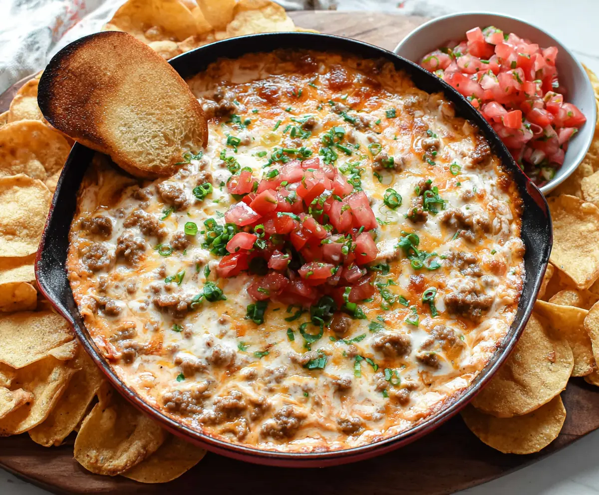 Delicious sausage cream cheese dip served with fresh vegetables and chips.
