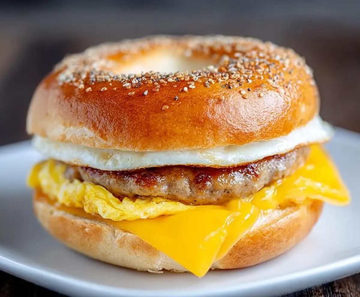 Delicious sausage egg breakfast bagel with melted cheese on a sesame bun