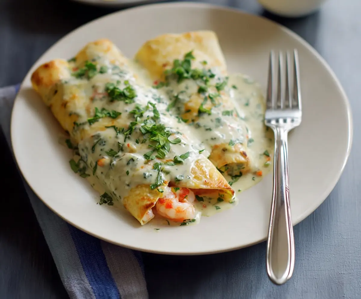 Delicious shrimp enchiladas topped with creamy poblano sauce on a vibrant plate.
